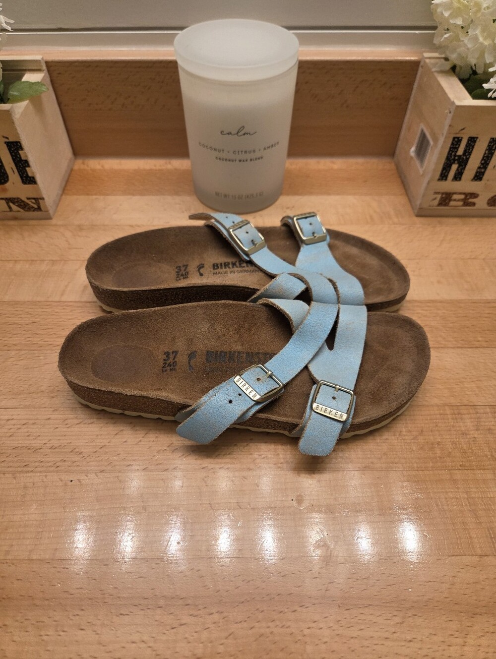 Birkenstock Yao Sandals Aqua Blue Washed Metallic Suede Women's Size EU 37